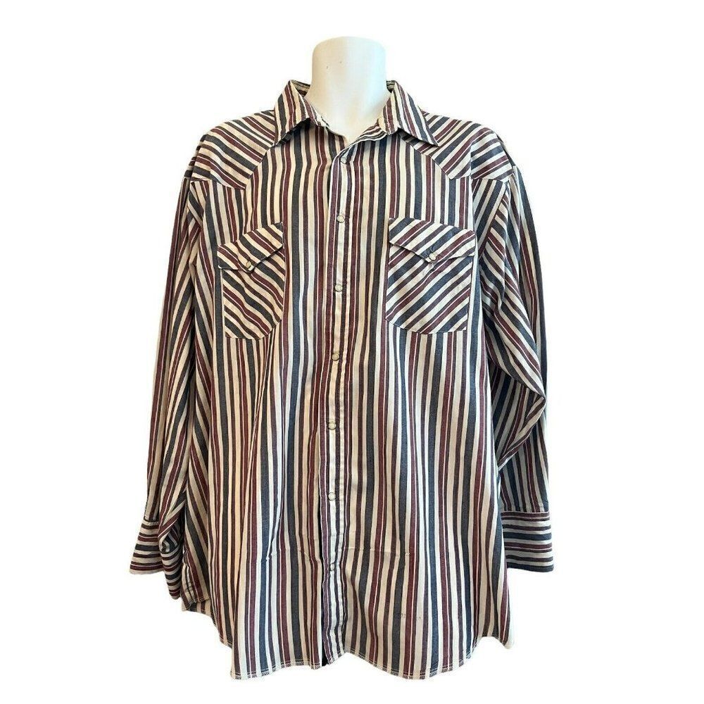 Western Frontier Mens 2XL Shirt Pearl Snap Long Sleeve Blue White Striped Vtg